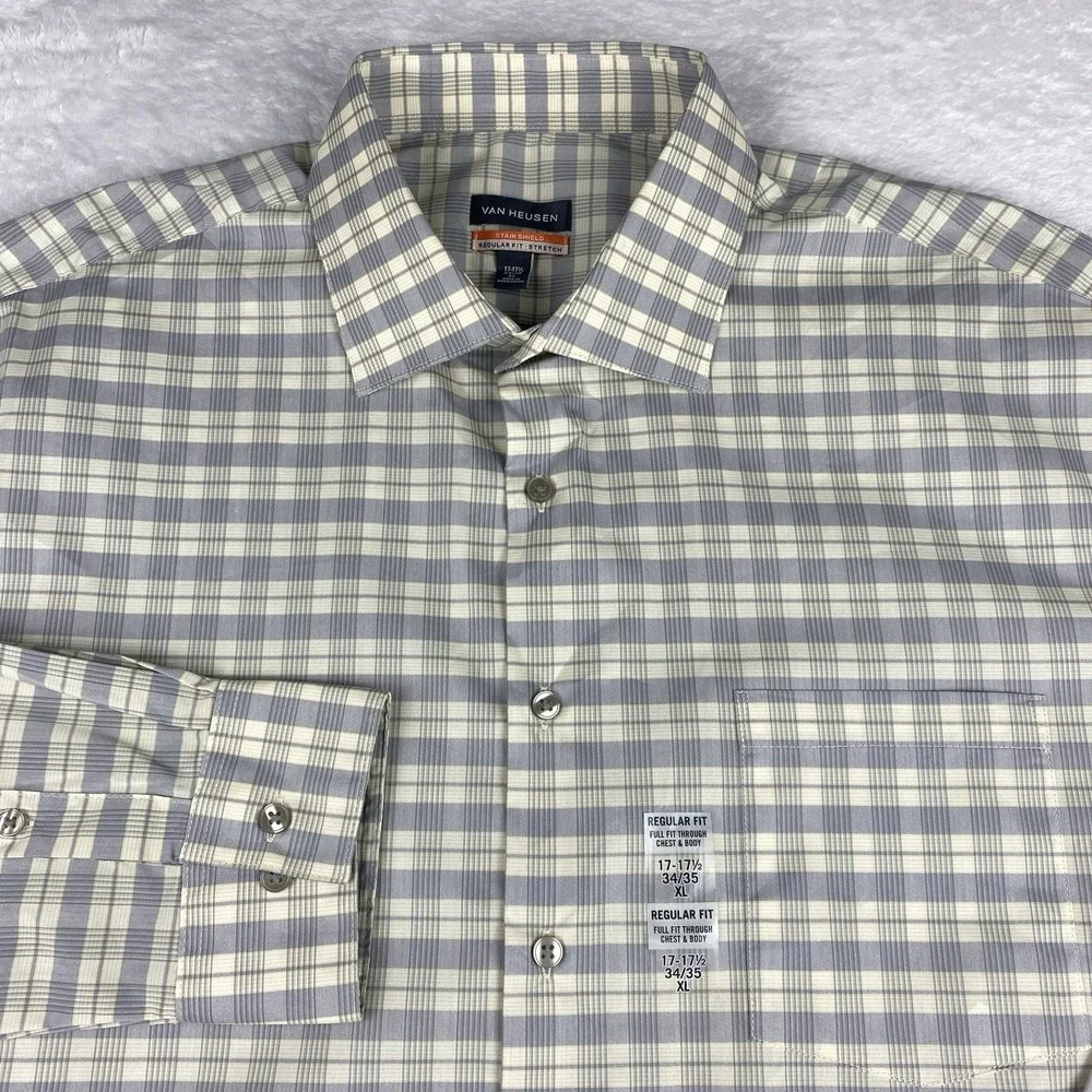 Van Heusen Shirt Mens 17-17.5/34-35 Blue/Cream Plaid Stain Shield Stretch NWT!